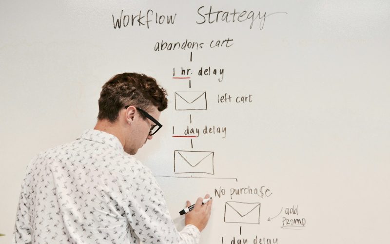 man writing on white board