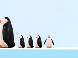 Groep keizerspinguïns die dicht op elkaar staan in een sneeuwstorm op Antarctica